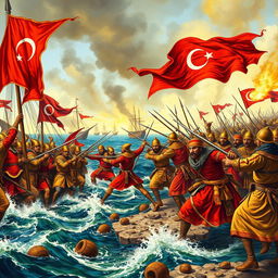 An intense and dynamic depiction of a historical battle scene between Venetian and Ottoman forces, set on the shores of the Adriatic Sea