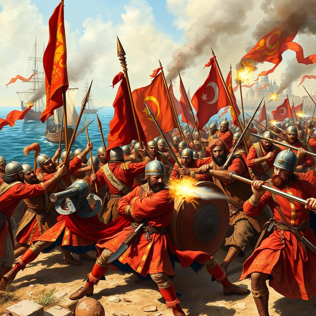 An intense and dynamic depiction of a historical battle scene between Venetian and Ottoman forces, set on the shores of the Adriatic Sea