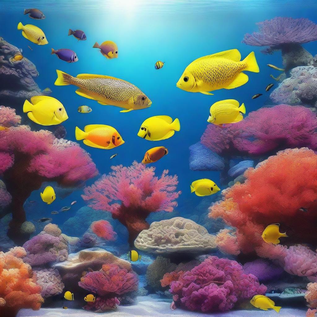 An aesthetically pleasing, photo-realistic image of an underwater scene brimming with aquatic life