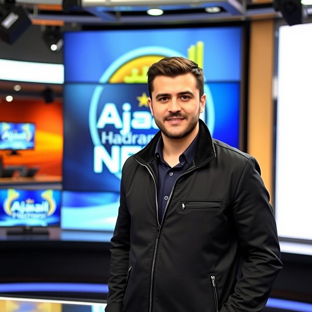 A thirty-something Arab male news anchor wearing a stylish black jacket, standing confidently in front of a news desk