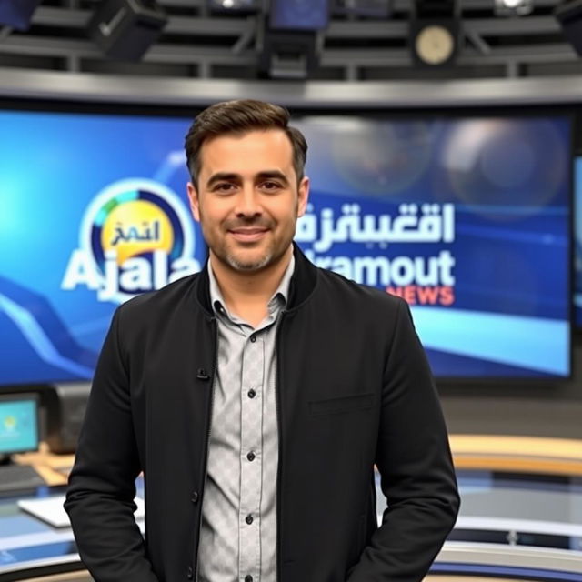 A thirty-something Arab male news anchor wearing a stylish black jacket, standing confidently in front of a news desk