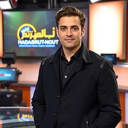 A thirty-something Arab male news anchor wearing a stylish black jacket, standing confidently in front of a news desk