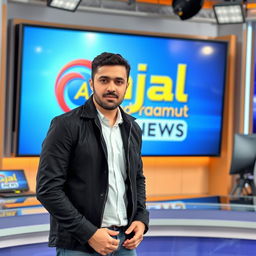 A thirty-something Arab male news anchor wearing a stylish black jacket, standing confidently in front of a news desk