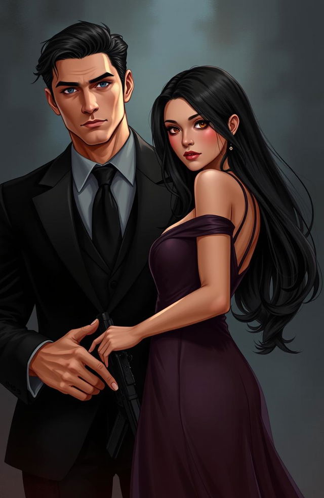 A dark romance illustration featuring a bodyguard and an heiress