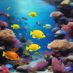 An aesthetically pleasing, photo-realistic image of an underwater scene brimming with aquatic life