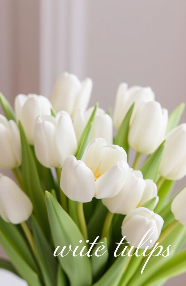 A beautiful arrangement of white tulips in full bloom, showcasing their delicate petals and green leaves