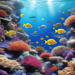 An aesthetically pleasing, photo-realistic image of an underwater scene brimming with aquatic life