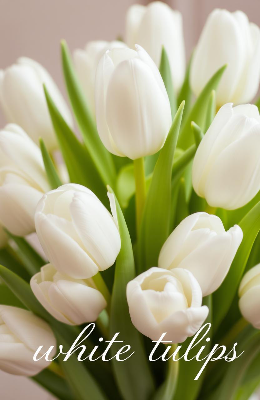 A beautiful arrangement of white tulips in full bloom, showcasing their delicate petals and green leaves