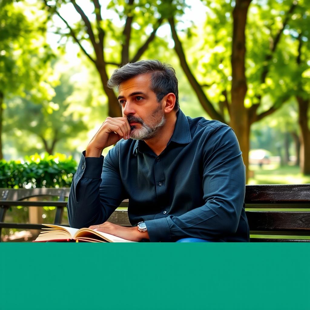 A thoughtful man deep in concentration, sitting on a bench in a serene park, surrounded by lush greenery and dappled sunlight filtering through the leaves