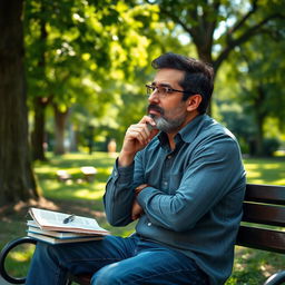 A thoughtful man deep in concentration, sitting on a bench in a serene park, surrounded by lush greenery and dappled sunlight filtering through the leaves