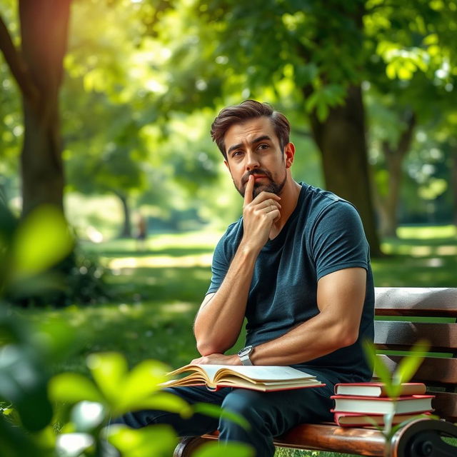 A thoughtful man deep in concentration, sitting on a bench in a serene park, surrounded by lush greenery and dappled sunlight filtering through the leaves