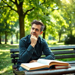 A thoughtful man deep in concentration, sitting on a bench in a serene park, surrounded by lush greenery and dappled sunlight filtering through the leaves