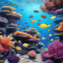 An aesthetically pleasing, photo-realistic image of an underwater scene brimming with aquatic life