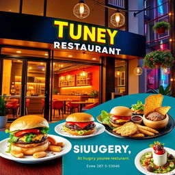 A vibrant advertisement design for a trendy restaurant, showcasing an inviting ambiance with warm lighting