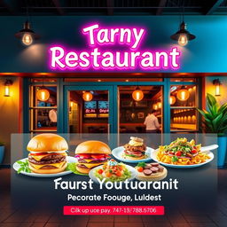 A vibrant advertisement design for a trendy restaurant, showcasing an inviting ambiance with warm lighting