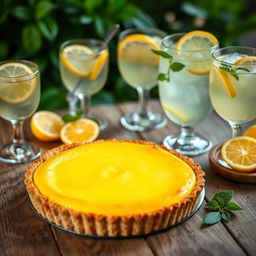 A delicious lemon pie beautifully arranged on a rustic wooden table