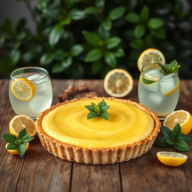 A delicious lemon pie beautifully arranged on a rustic wooden table