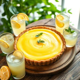 A delicious lemon pie beautifully arranged on a rustic wooden table