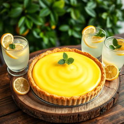 A delicious lemon pie beautifully arranged on a rustic wooden table