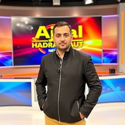 A thirty-something Arab male anchor wearing a sleek black jacket, standing confidently in a modern newsroom