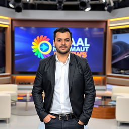 A thirty-something Arab male anchor wearing a sleek black jacket, standing confidently in a modern newsroom