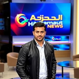 A thirty-something Arab male anchor wearing a sleek black jacket, standing confidently in a modern newsroom