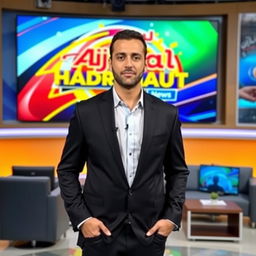 A thirty-something Arab male anchor wearing a sleek black jacket, standing confidently in a modern newsroom