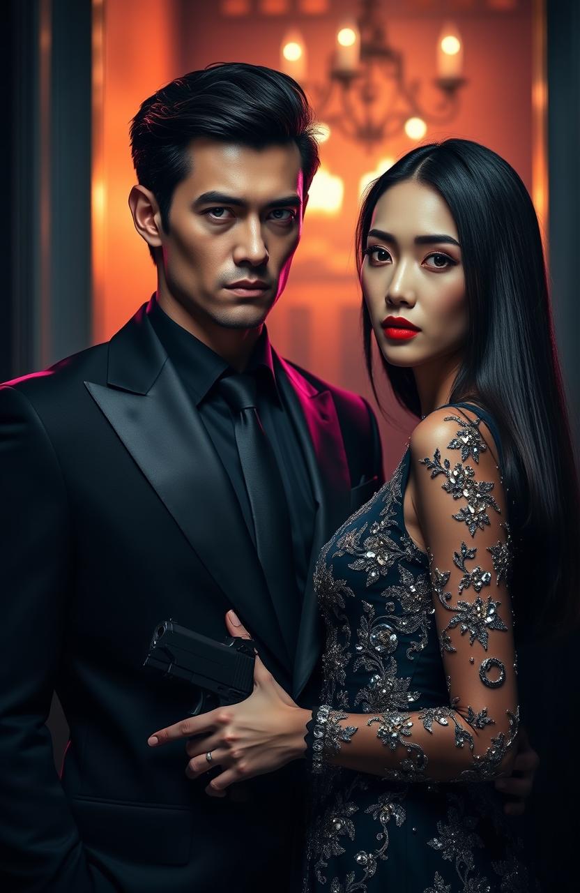 A hyper-realistic dark romance scene featuring a bodyguard and an heiress