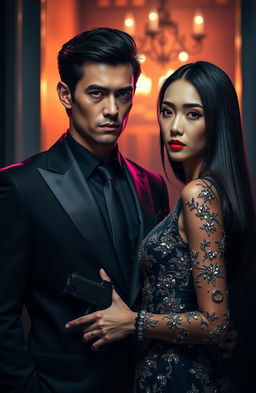 A hyper-realistic dark romance scene featuring a bodyguard and an heiress