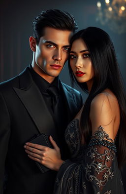 A hyper-realistic dark romance scene featuring a bodyguard and an heiress