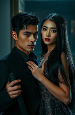 A hyper-realistic dark romance scene featuring a bodyguard and an heiress