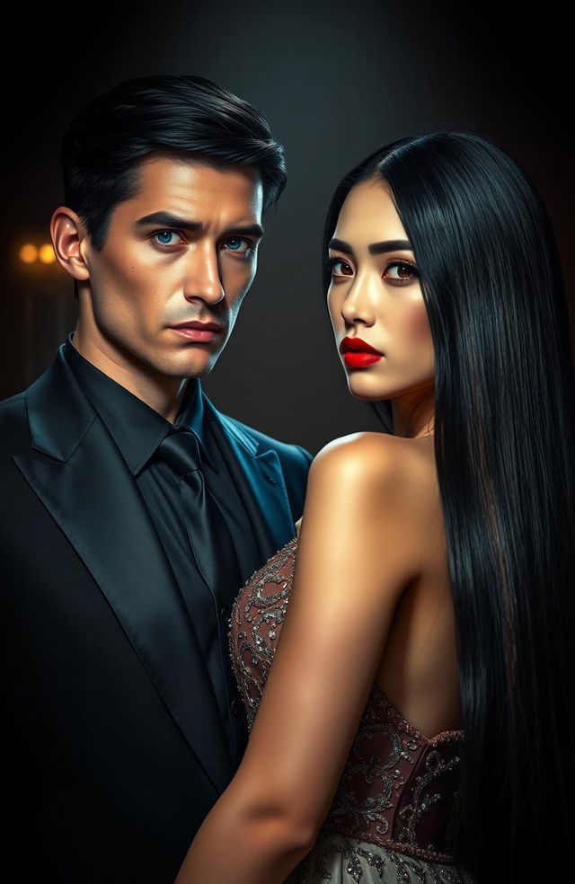 A hyper-realistic dark romance scene featuring a bodyguard and an heiress