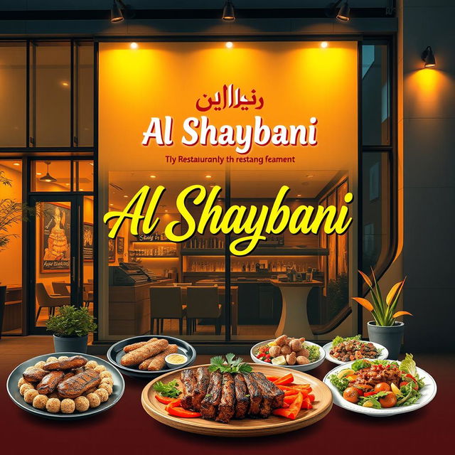 A vibrant advertisement design for 'Al Shaybani' restaurant, featuring a contemporary and inviting atmosphere