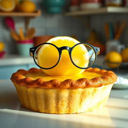 A whimsical scene featuring a lemon pie personified with large, round glasses resting on its crust