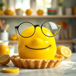 A whimsical scene featuring a lemon pie personified with large, round glasses resting on its crust