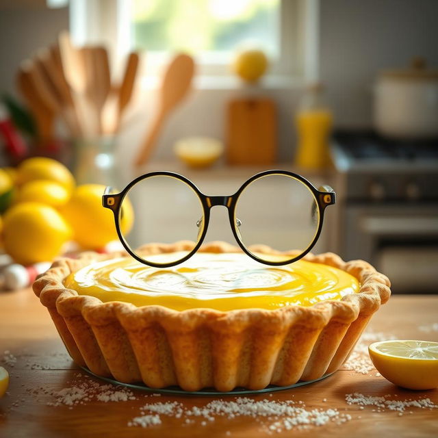 A whimsical scene featuring a lemon pie personified with large, round glasses resting on its crust