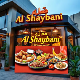 A vibrant advertisement design for 'Al Shaybani' restaurant, featuring a contemporary and inviting atmosphere