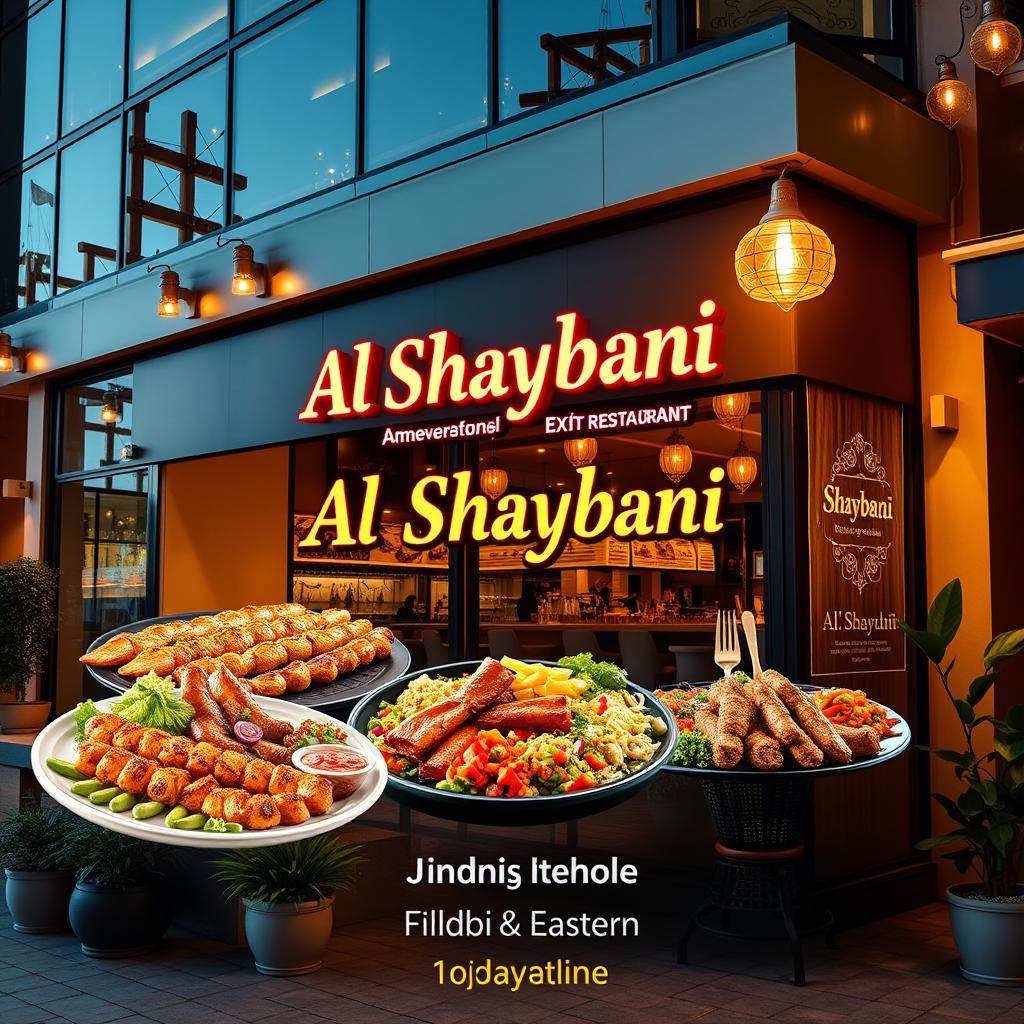 A vibrant advertisement design for 'Al Shaybani' restaurant, featuring a contemporary and inviting atmosphere