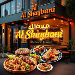A vibrant advertisement design for 'Al Shaybani' restaurant, featuring a contemporary and inviting atmosphere