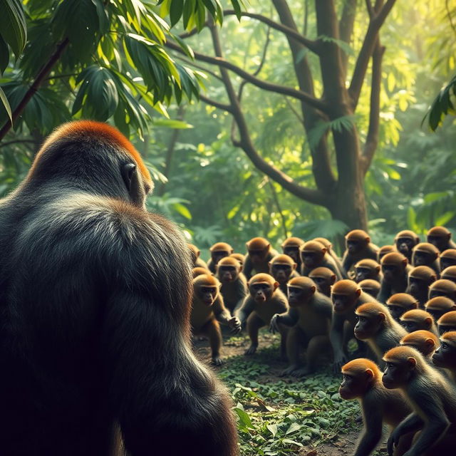 A dramatic scene of a powerful gorilla in the foreground, facing 20 smaller monkeys who appear ready to fight