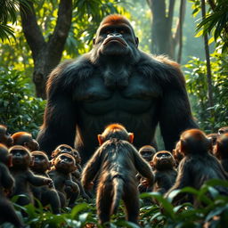 A dramatic scene of a powerful gorilla in the foreground, facing 20 smaller monkeys who appear ready to fight