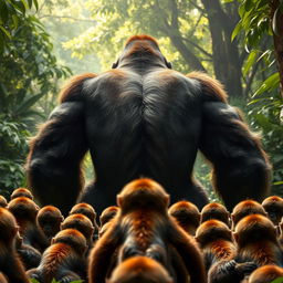 A dramatic scene of a powerful gorilla in the foreground, facing 20 smaller monkeys who appear ready to fight