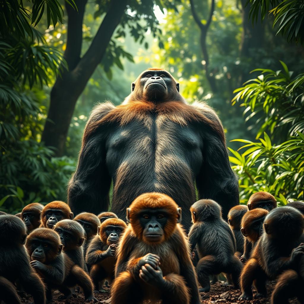 A dramatic scene of a powerful gorilla in the foreground, facing 20 smaller monkeys who appear ready to fight