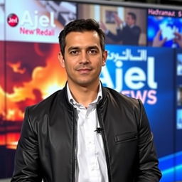 A thirty-something Arab male news presenter wearing a sleek black jacket, standing confidently in front of a backdrop featuring the logo of 'Ajel Hadhramaut News'