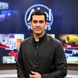 A thirty-something Arab male news presenter wearing a sleek black jacket, standing confidently in front of a backdrop featuring the logo of 'Ajel Hadhramaut News'