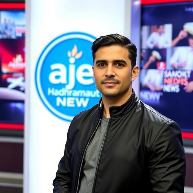 A thirty-something Arab male news presenter wearing a sleek black jacket, standing confidently in front of a backdrop featuring the logo of 'Ajel Hadhramaut News'