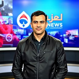 A thirty-something Arab male news presenter wearing a sleek black jacket, standing confidently in front of a backdrop featuring the logo of 'Ajel Hadhramaut News'