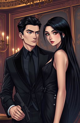 A hyper-realistic illustration of a dark romance scene featuring a handsome bodyguard and a beautiful heiress