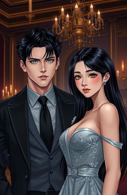 A hyper-realistic illustration of a dark romance scene featuring a handsome bodyguard and a beautiful heiress
