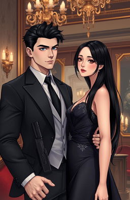 A hyper-realistic illustration of a dark romance scene featuring a handsome bodyguard and a beautiful heiress
